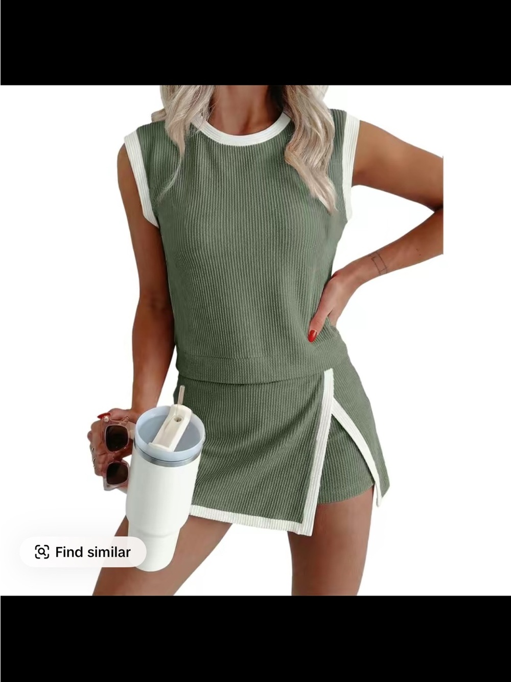 Sleeveless Olive Green Ribbed two piece tank top and skort with White Trim